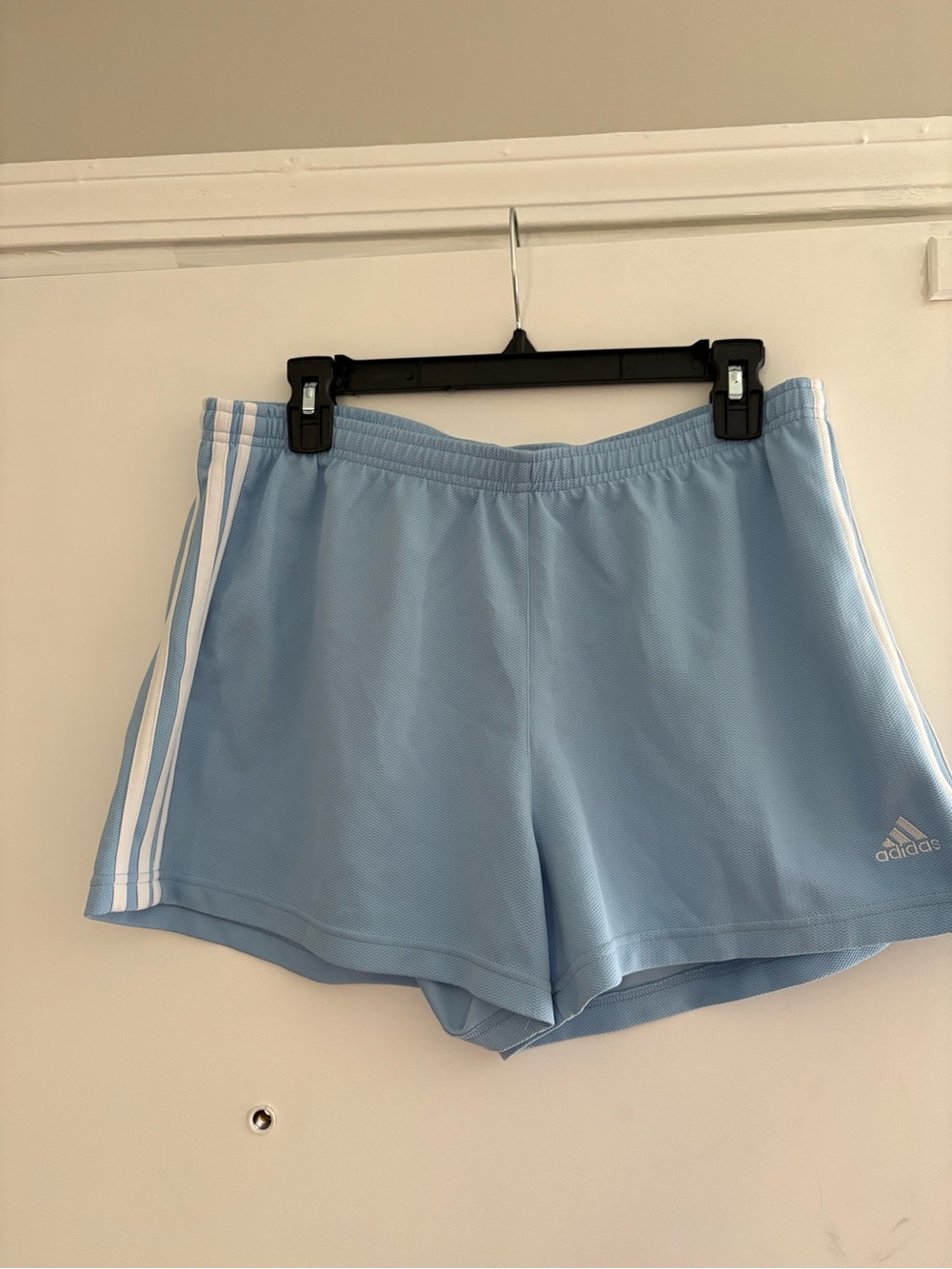 Vintage adidas Women's Sky Blue Athletic Shorts with White Side Stripes